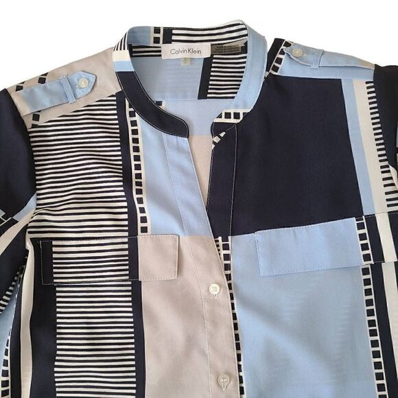 Calvin Klein Womens Button Front Blue Print Blouse Size Small - Picture 3 of 12